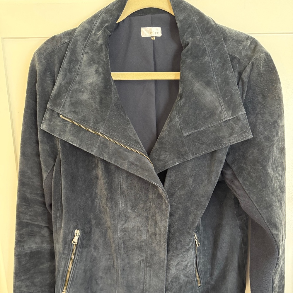 WOMENS NAVY SUEDE ZIP MOTO JACKET W/ZIP POCKETS AND KNIT INSETS SIZE XL